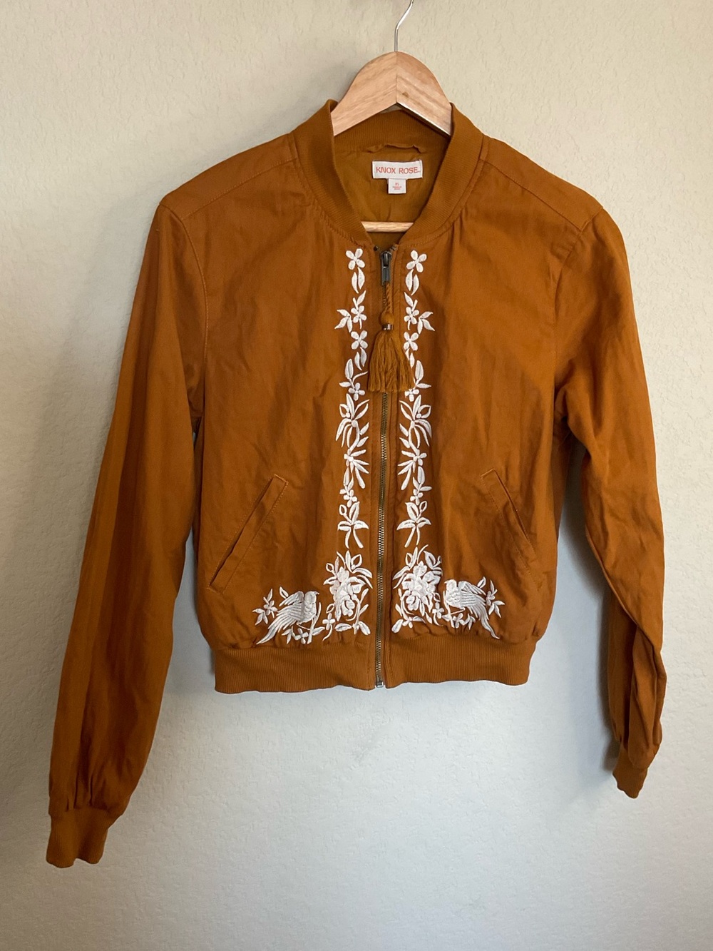 Knox Rose Burnt Orange Bomber Jacket with White Embroidery